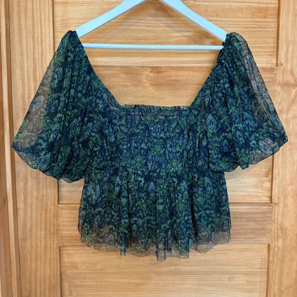Free People Penelope Tulle Puff Sleeve Feminine Floral Print Top Women's size L
